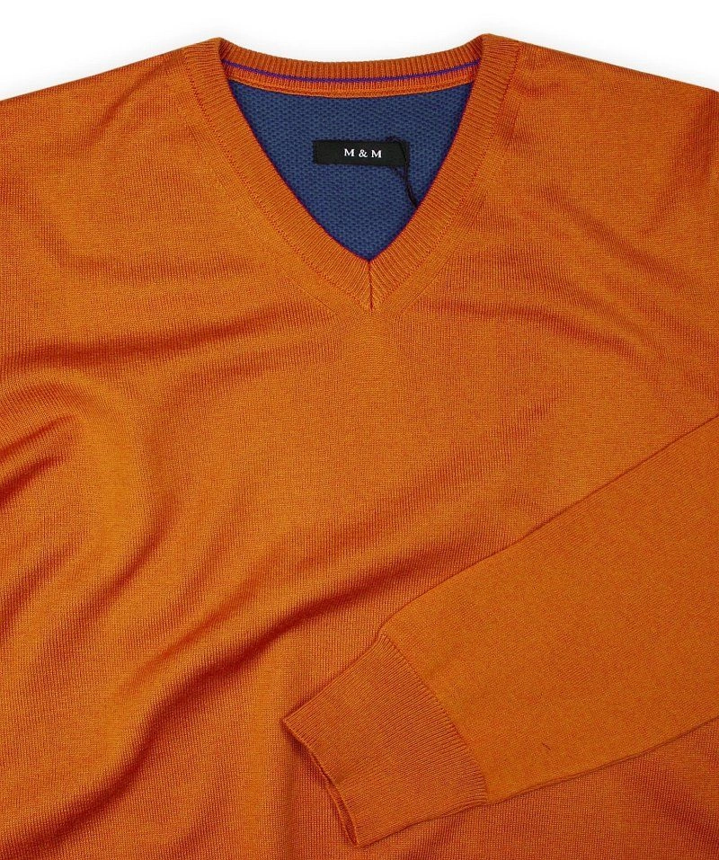Sweter Pomarańczowy Elegancki (V-neck) w Serek, Klasyczny, Orange -MM Classic- Męski