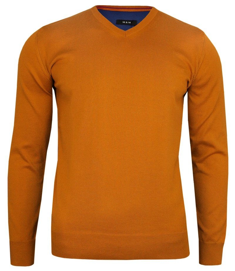 Sweter Pomarańczowy Elegancki (V-neck) w Serek, Klasyczny, Orange -MM Classic- Męski