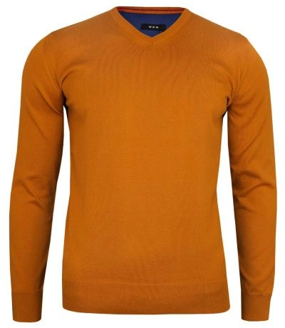 Sweter Pomarańczowy Elegancki (V-neck) w Serek, Klasyczny, Orange -MM Classic- Męski