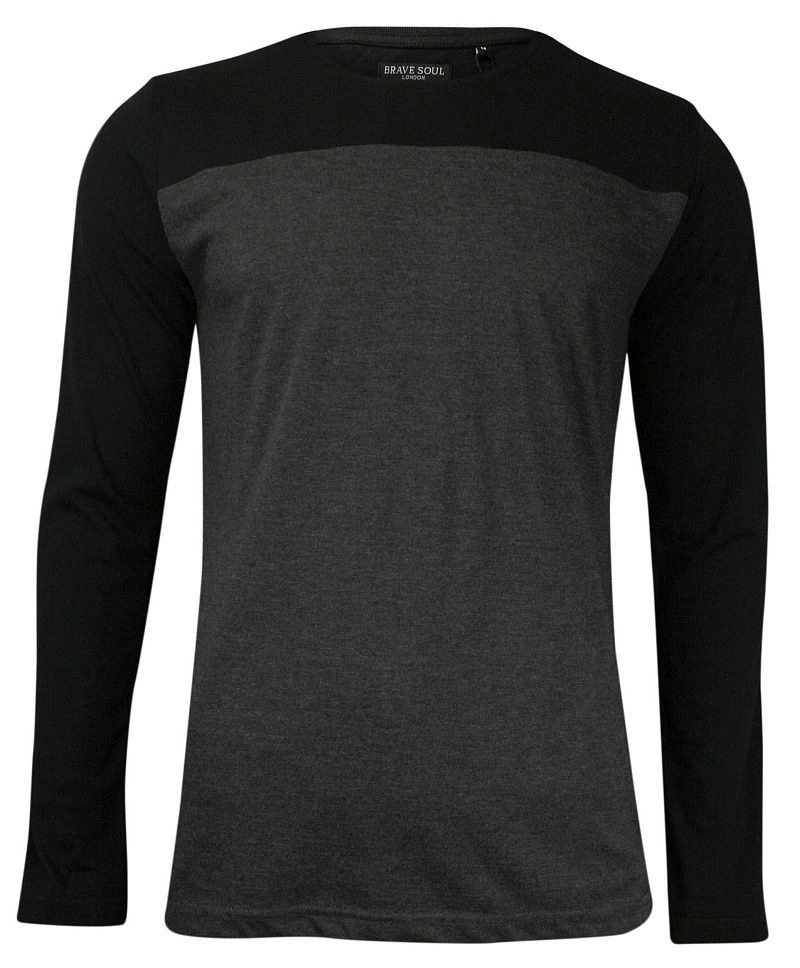 Popielato-Czarny T-shirt (Koszulka) - Długi Rękaw, Longsleeve -Brave Soul, Męski, Dwukolorowy
