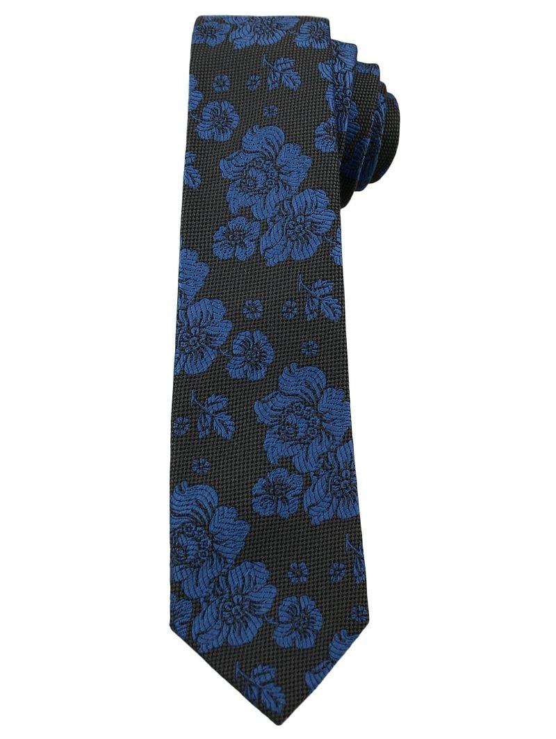 Popielaty Elegancki Krawat w Chabrowe Kwiatki -ALTIES- 6 cm, Męski, Motyw Florystyczny