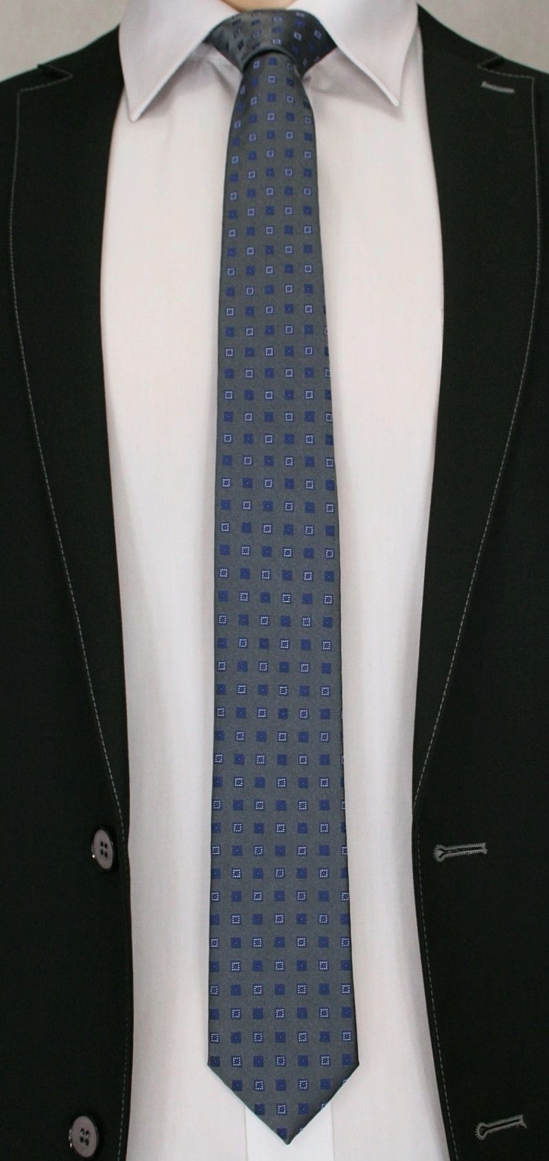 Męski Krawat w Drobne Kwadraciki - 6 cm - Angelo di Monti- Popielaty 
