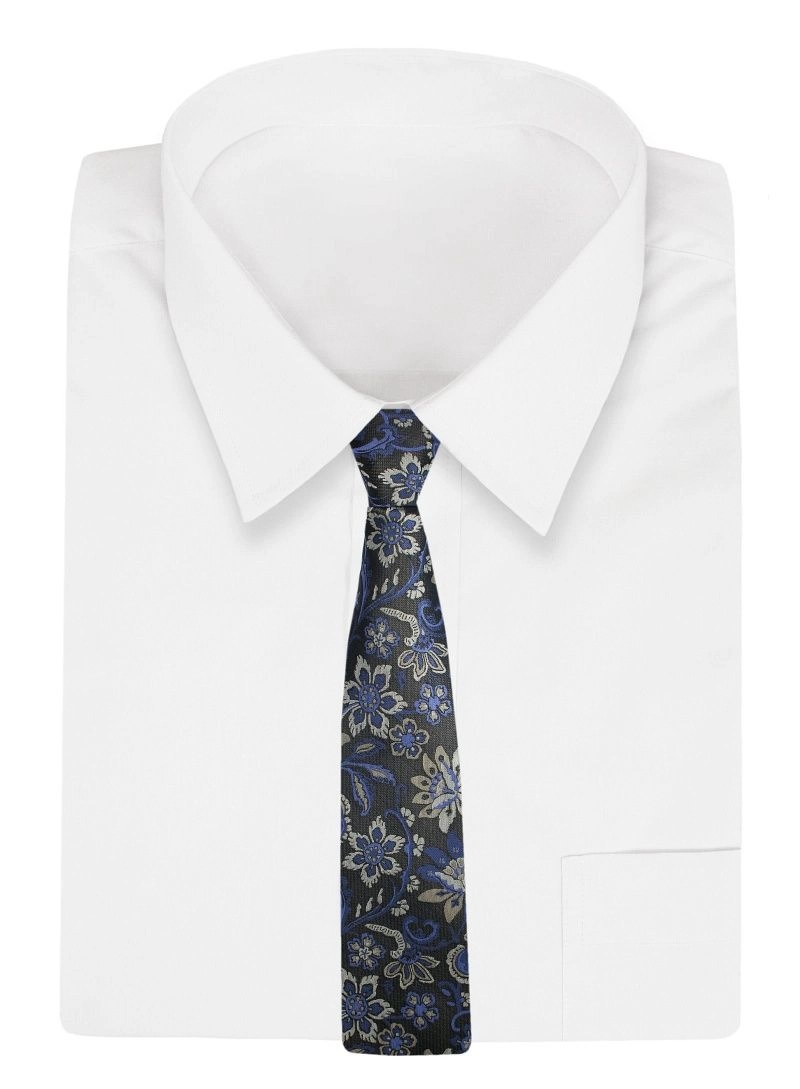 Popielaty Męski Krawat -Chattier- 8cm, Klasyczny, Szeroki, Elegancki, w Niebieski Wzór Florystyczny