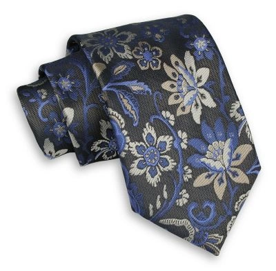 Popielaty Męski Krawat -Chattier- 8cm, Klasyczny, Szeroki, Elegancki, w Niebieski Wzór Florystyczny