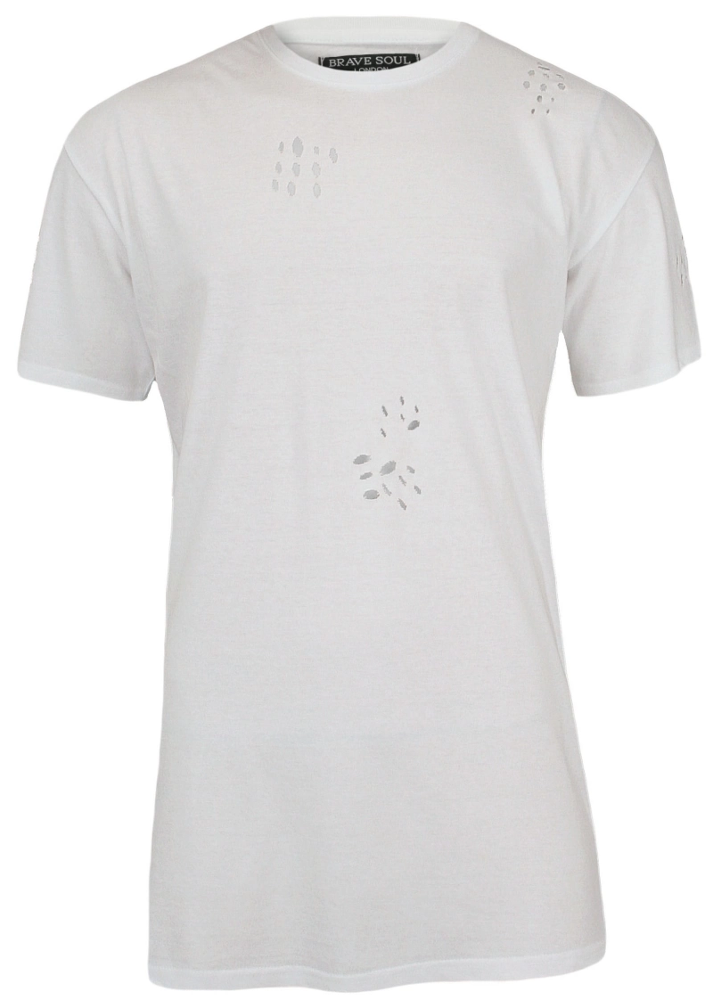 Biały, Przedłużony T-Shirt (Koszulka) z Dziurami 100% BAWEŁNA - Brave Soul, Męski