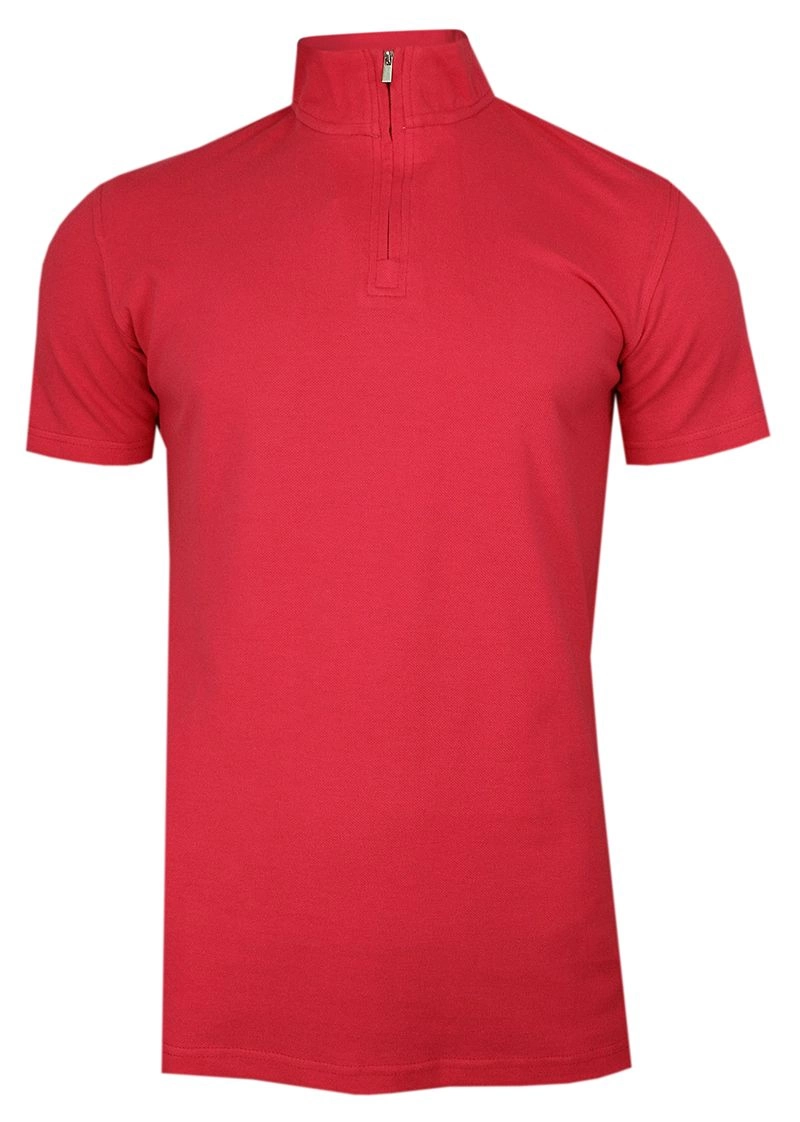 Różowa Koszulka Polo ze Stójką -CHIAO- 100% Bawełna, Męska, Krótki Rękaw, na Zamek