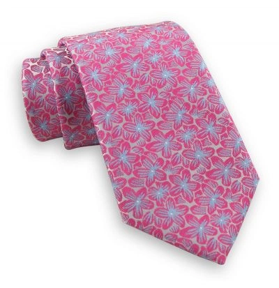 Różowo-Błękitny Elegancki Męski Krawat -Chattier- 7,5cm, Klasyczny, Szeroki, w Kwiatki