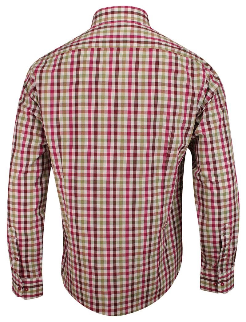 Różowo-Oliwkowa Koszula Męska z Długim Rękawem, 100% Bawełna -CHIAO- Taliowana, w Kratkę