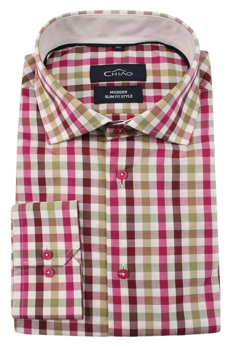 Różowo-Oliwkowa Koszula Męska z Długim Rękawem, 100% Bawełna -CHIAO- Taliowana, w Kratkę