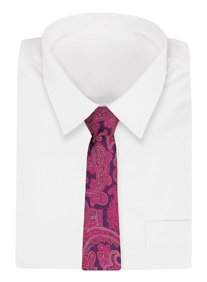 Różowy Męski Szeroki Krawat -Chattier- 8cm, Klasyczny, Kolor Fuksjowy, Wzór Paisley, Łezki