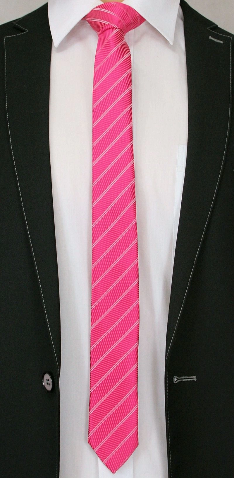 Różowy Stylowy Krawat (Śledź) Męski -ALTIES- 5 cm, Wąski, w Paski