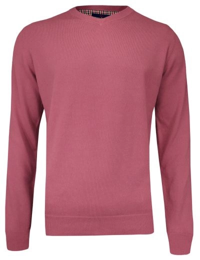 Sweter Różowy, Łososiowy w Serek (V-neck) Klasyczny, Męski - Adriano Guinari