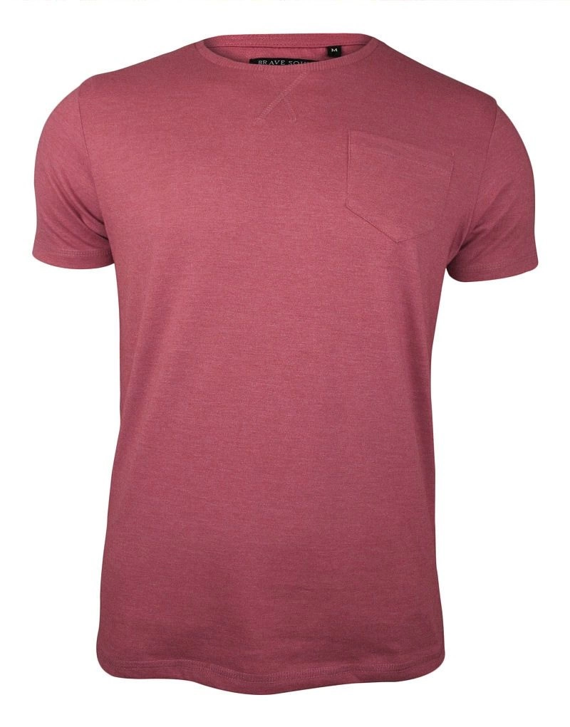 Różowy T-Shirt (Koszulka) z Kieszonką, Bez Nadruku -Brave Soul- Męski, Okrągły Dekolt, Łososiowy