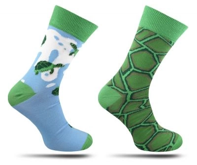 Skarpetki Męskie, Niebiesko-Zielone Asymetryczne z Żółwiami, Motyw Zwierzęcy, Casualowe -HIS STORY