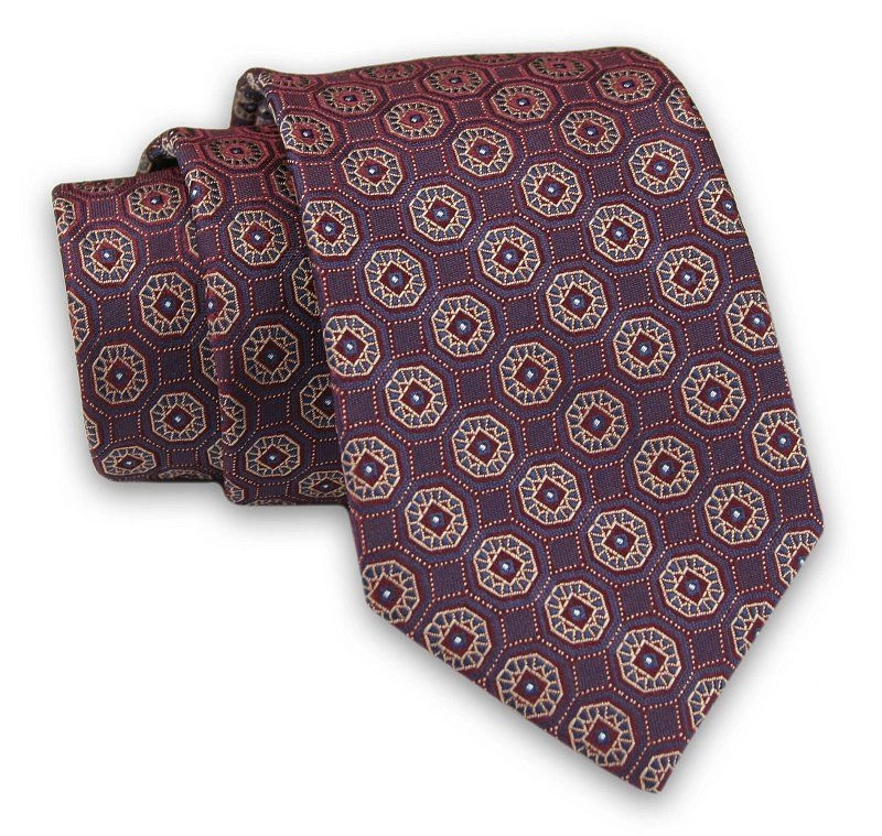 Śliwkowy Elegancki Męski Krawat -ALTIES- 7cm, Stylowy, Klasyczny, Bordowy, Wzór Geometryczny