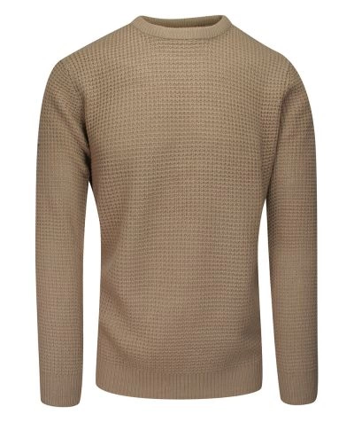 Sweter Beżowy, Sepia w Gruby Dziergany Splot, U-neck, Męski -BRAVE SOUL