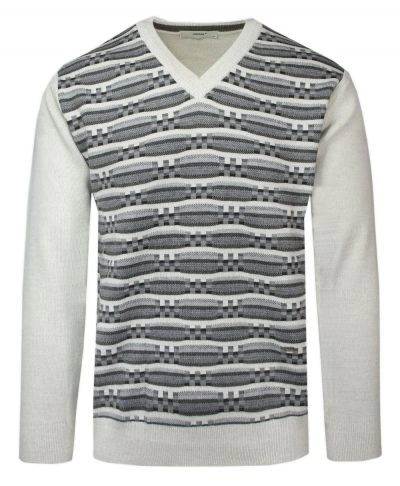 Sweter Beżowy w Serek, Wzór Geometryczny, V-neck, Męski, Cienki -YAMAK