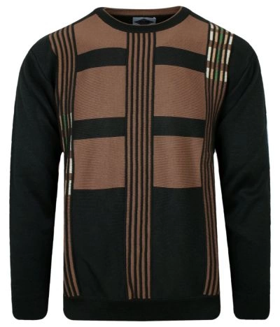 Sweter Brązowo-Czarny, Wzór Geometryczny, Okrągły Dekolt (U-neck) -KINGS- Męski