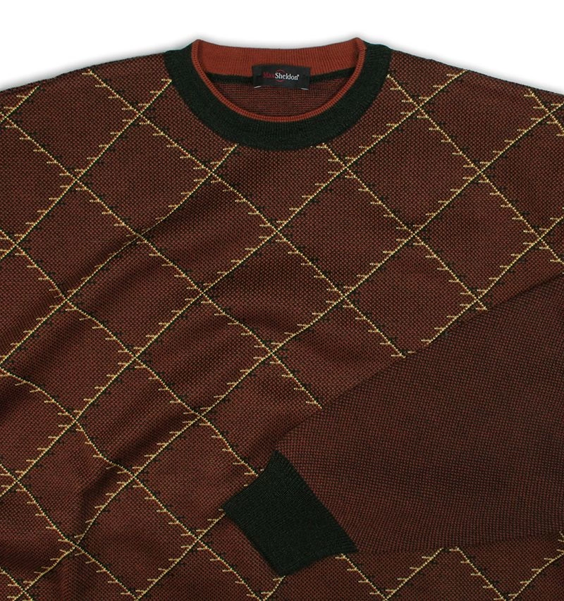 Sweter Brązowy, w Kratkę Okrągły Dekolt (U-neck), Męski - MAX SHELDON
