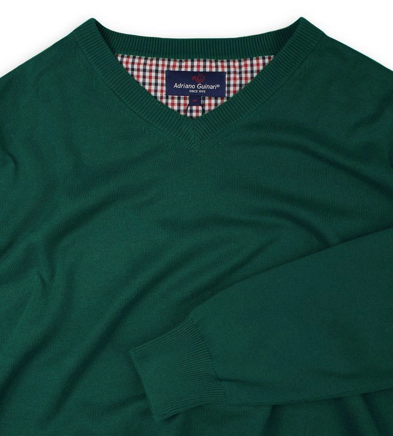 Sweter Butelkowy, Zielony w Serek (V-neck), Klasyczny -Adriano Guinari- Męski, Elegancki