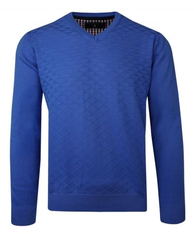 Sweter Chabrowy w Serek, Bawełniany, Tłoczony Wzór, V-neck, Męski -BARTEX