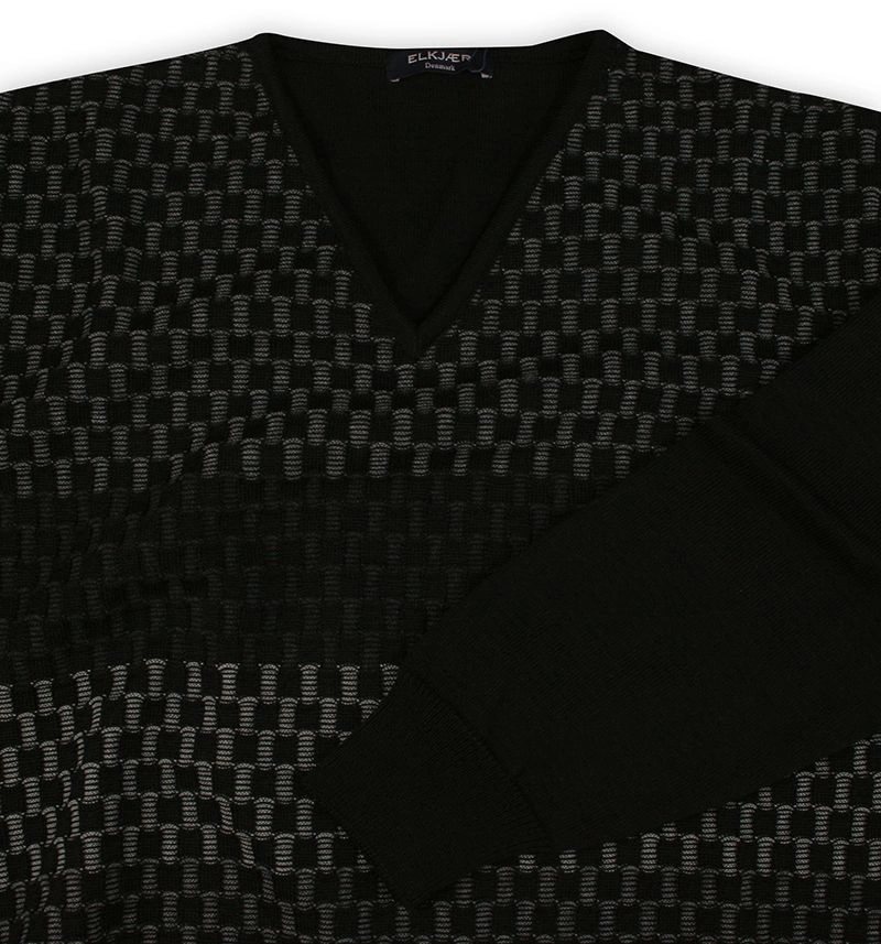 Sweter Czarny, Tłoczony Wzór Geometryczny, Dekolt w Serek (V-neck) -ELKJAER- Męski