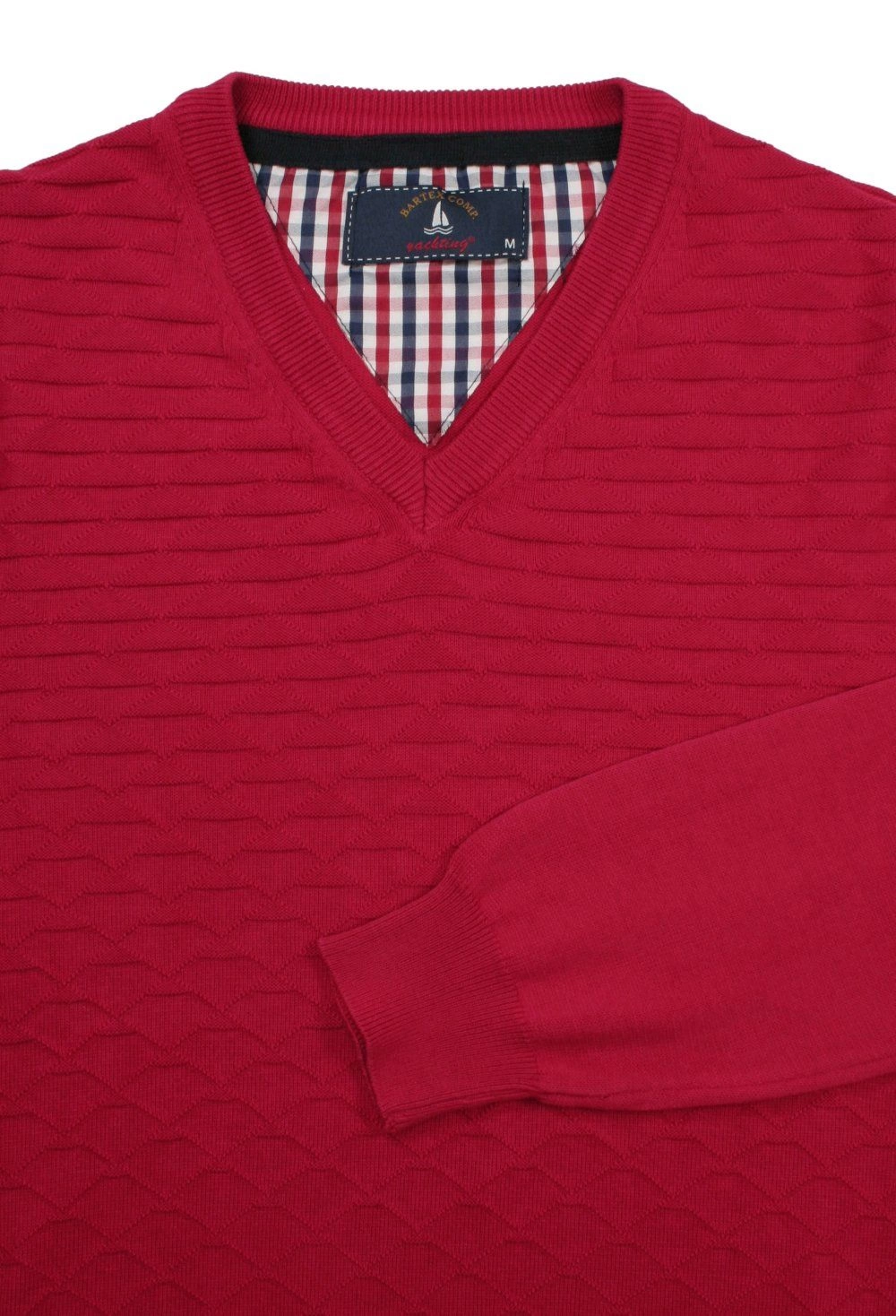 Sweter Czerwony w Serek, Bawełniany, Tłoczony Wzór, V-neck, Męski -BARTEX