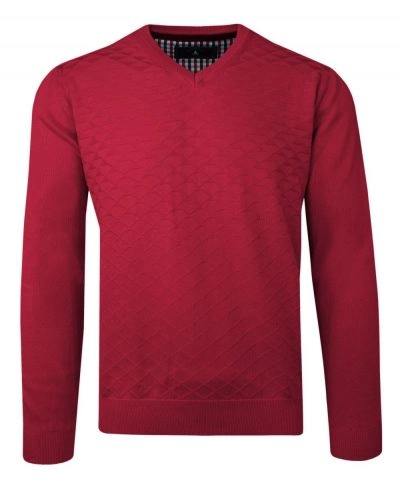 Sweter Czerwony w Serek, Bawełniany, Tłoczony Wzór, V-neck, Męski -BARTEX