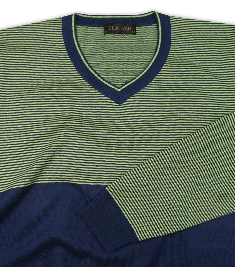 Sweter Granatowo-Zielony, w Drobne Paski, Dekolt w Serek (V-neck) -ELKJAER- Męski