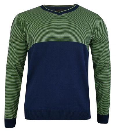 Sweter Granatowo-Zielony, w Drobne Paski, Dekolt w Serek (V-neck) -ELKJAER- Męski
