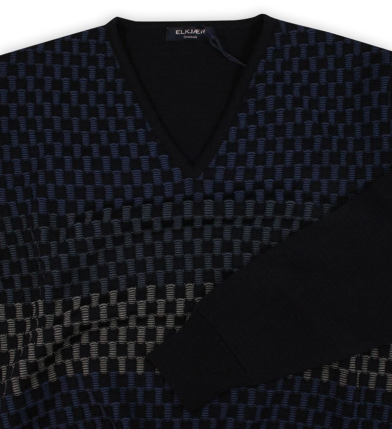 Sweter Granatowy, Tłoczony Wzór Geometryczny, Dekolt w Serek (V-neck) Męski