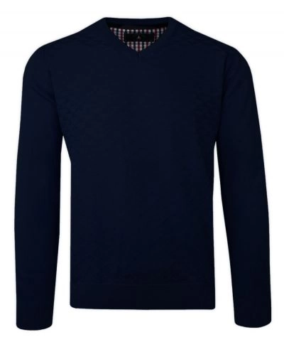Sweter Granatowy w Serek, Bawełniany, Tłoczony Wzór, V-neck, Męski -BARTEX