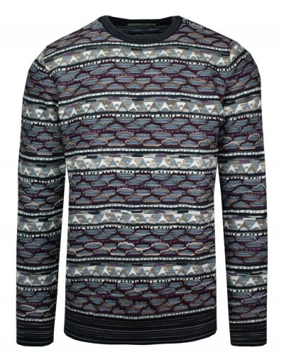 Sweter Granatowy z Okrągłym Dekoltem, Wzór Geometryczny, Męski, U-neck -YAMAK