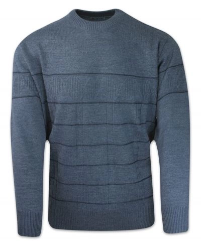 Sweter Jeansowy, Wełniany w Paski, Okrągły Dekolt, U-neck, Męski, Elegancki -DEVIR
