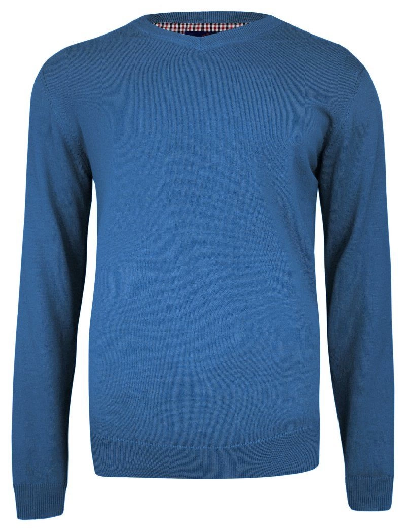 Sweter Niebieski Elegancki w Serek (V-neck), Klasyczny -Adriano Guinari- Męski