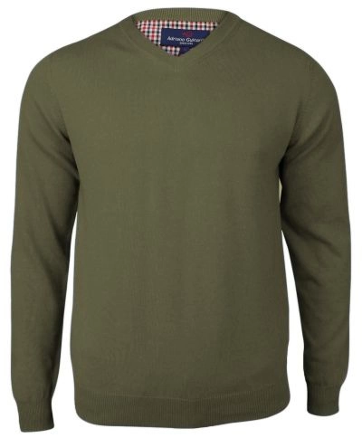 Sweter Oliwkowy w Serek (V-neck), Męski, Klasyczny, Elegancki -Adriano Guinari