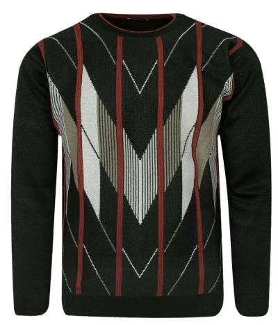 Sweter Popielato-Zielony, Wzór Geometryczny, Okrągły Dekolt (U-neck), Męski - MAX SHELDON