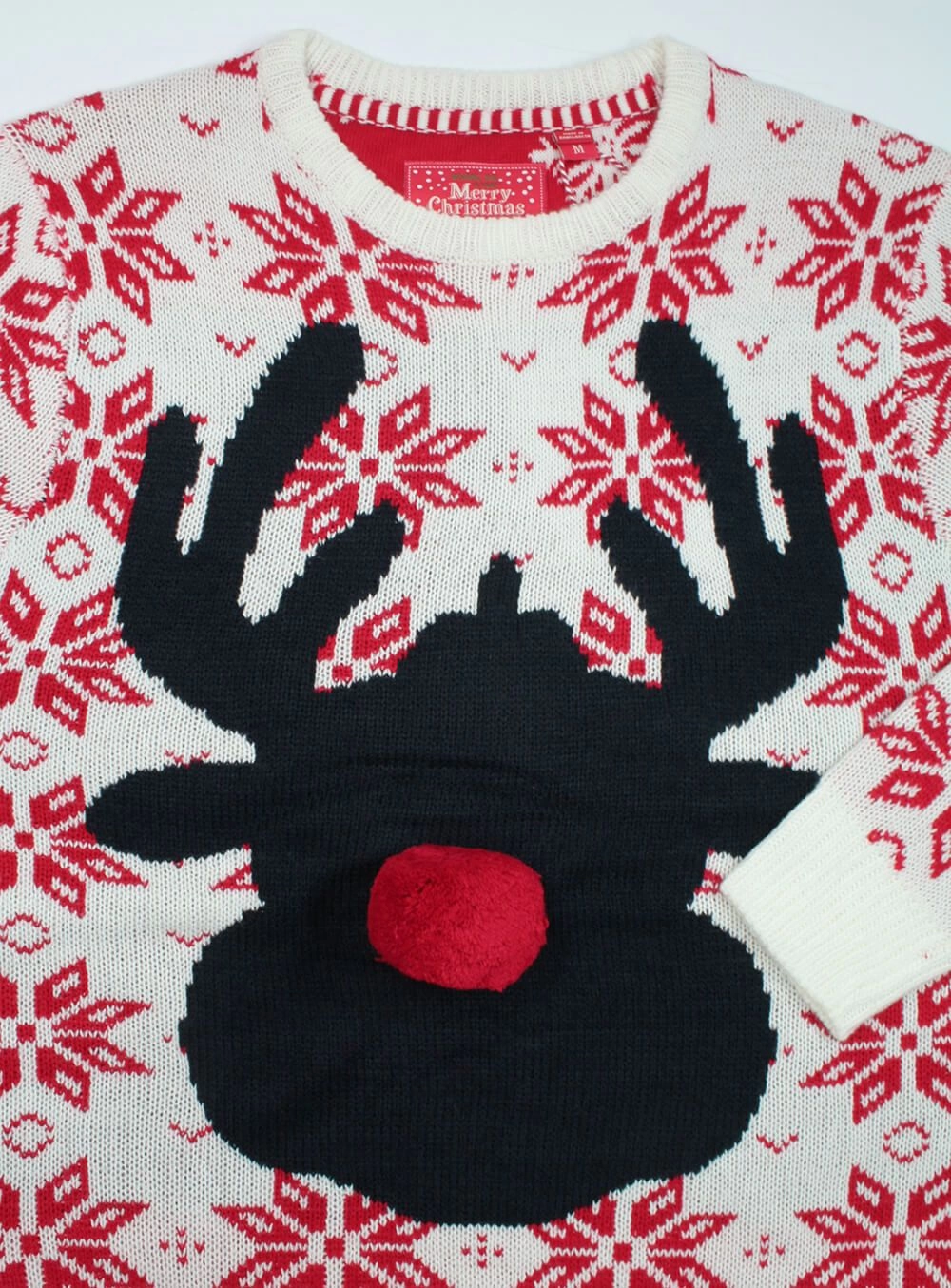 Sweter Świąteczny, Biało-Czerwony z Reniferem, Nos z Pompona, Śmieszny na Prezent, Męski -Brave Soul