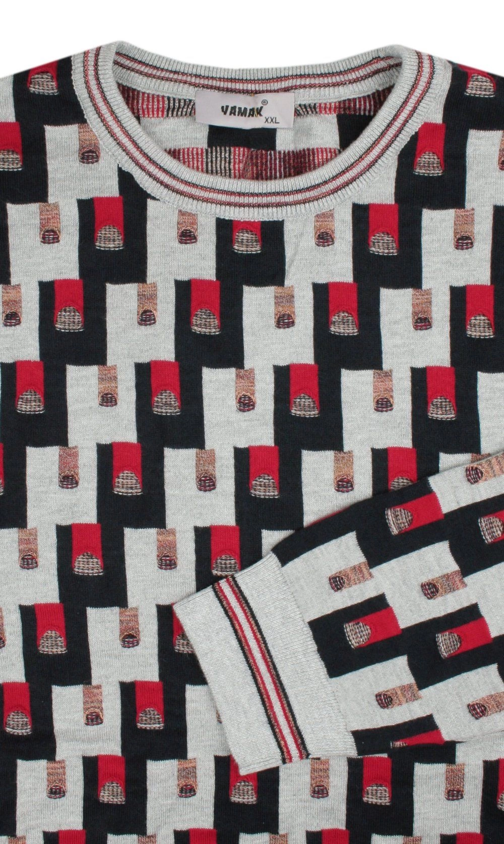 Sweter Szary z Okrągłym Dekoltem, Wzór Geometryczny, U-neck -YAMAK