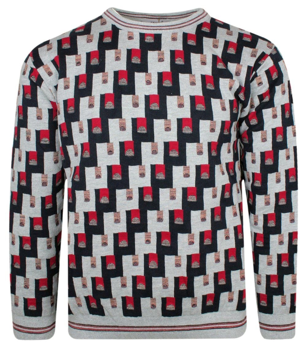 Sweter Szary z Okrągłym Dekoltem, Wzór Geometryczny, U-neck -YAMAK