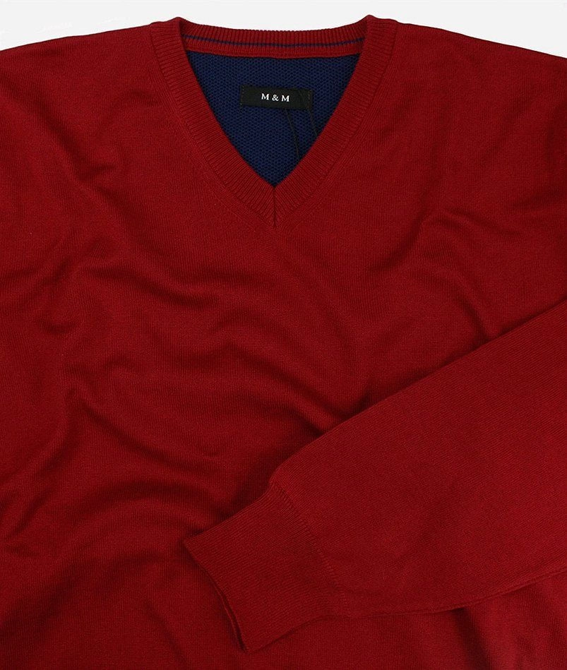 Sweter w Serek, Czerwony, Elegancki, Męski (V-neck) -MM Classic- w Serek, Klasyczny