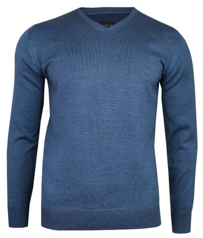 Sweter w Serek, Niebieski, Elegancki, Męski (V-neck) -MM Classic- Klasyczny