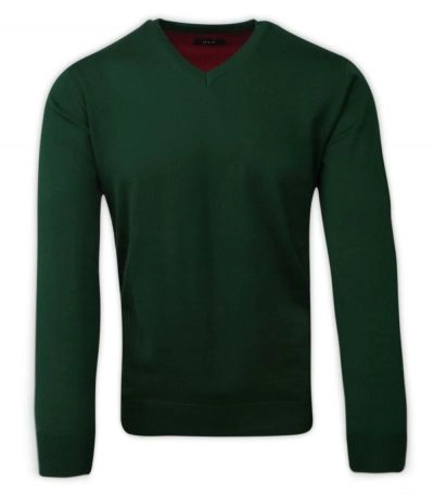 Sweter w Serek, Zielony, Butelkowy, Elegancki, Męski (V-neck) -MM Classic- Klasyczny