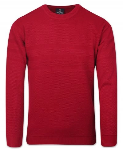 Sweter Wełniany, Czerwony w Drobny Tłoczony Wzór, Okrągły Dekolt, U-neck, Męski -VIP STENDO