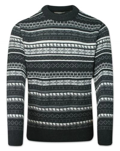 Sweter Wełniany Męski, Czarny, Wzór Geometryczny, Okrągły Dekolt, U-neck, Męski -RACA