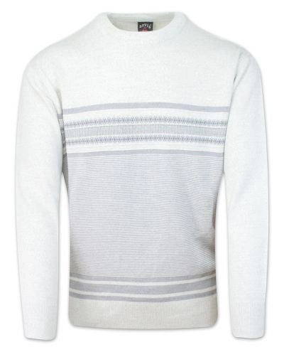 Sweter Wełniany, Szary w Paski, U-neck, Okrągły Dekolt, Męski -DEVIR