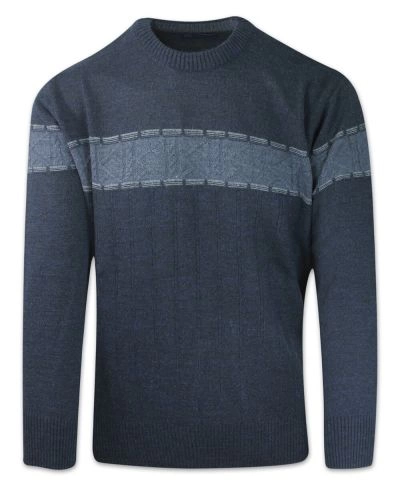 Sweter Wełniany w Paski, Tłoczony, Granatowo-Niebieski, Okrągły Dekolt, U-neck -DEVIR