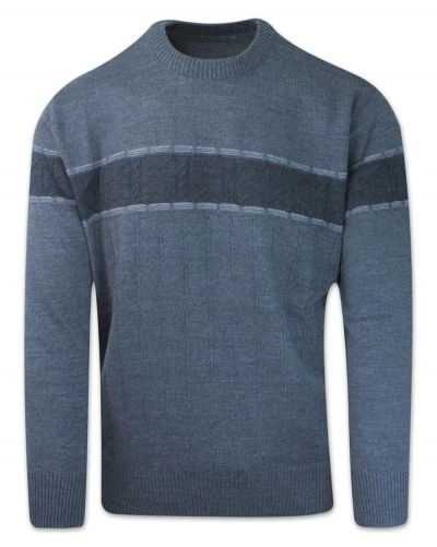 Sweter Wełniany w Paski, Tłoczony, Niebiesko-Granatowy, Okrągły Dekolt, U-neck -DEVIR