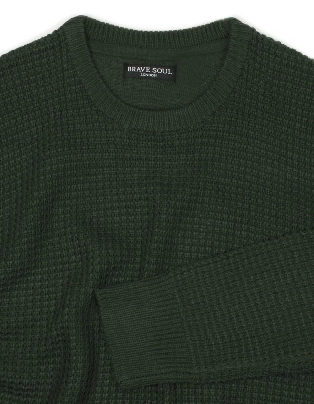 Sweter Zielony, Khaki w Gruby Dziergany Splot, U-neck, Męski -BRAVE SOUL