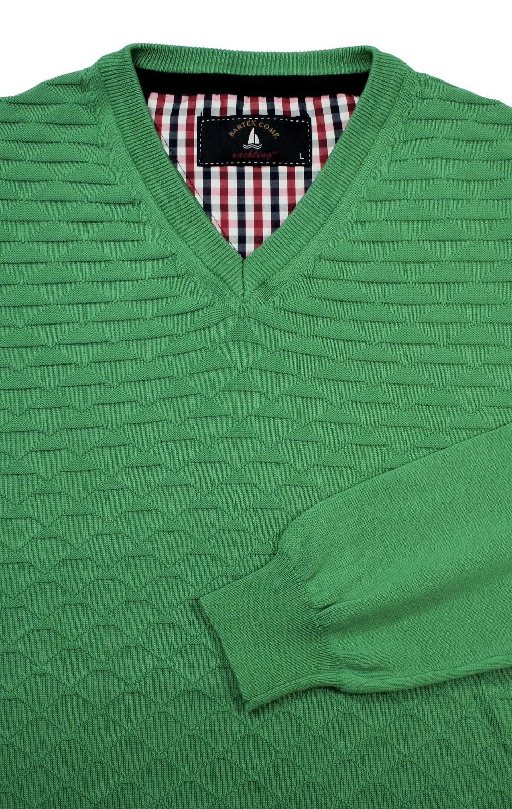 Sweter Zielony w Serek, Bawełniany, Tłoczony Wzór, V-neck, Męski -BARTEX